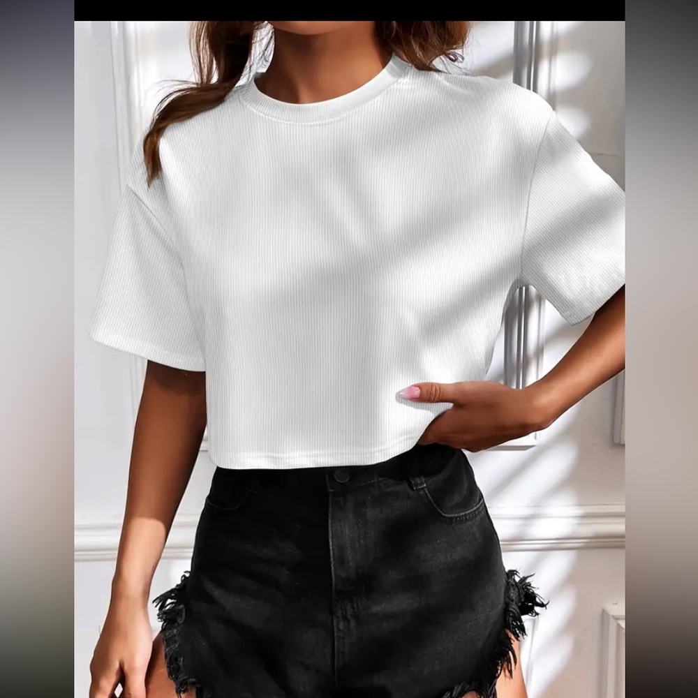 Women's Bright White, Crew Neck, Ribbed, Short Sleeve Crop Top. Sizes M & L